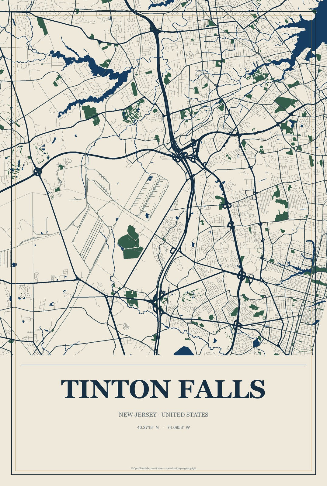 Tinton Falls, New Jersey City Map Aluminum Sign in Coastal Cutout style