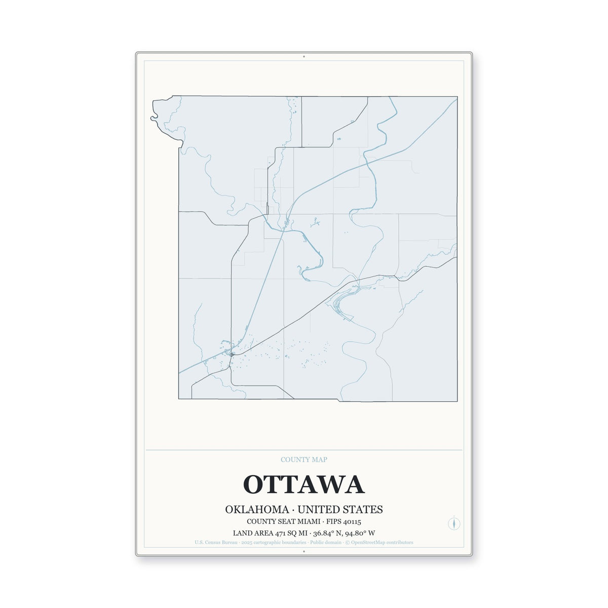 Ottawa County, Oklahoma Map Aluminum Sign in Gallery Air style