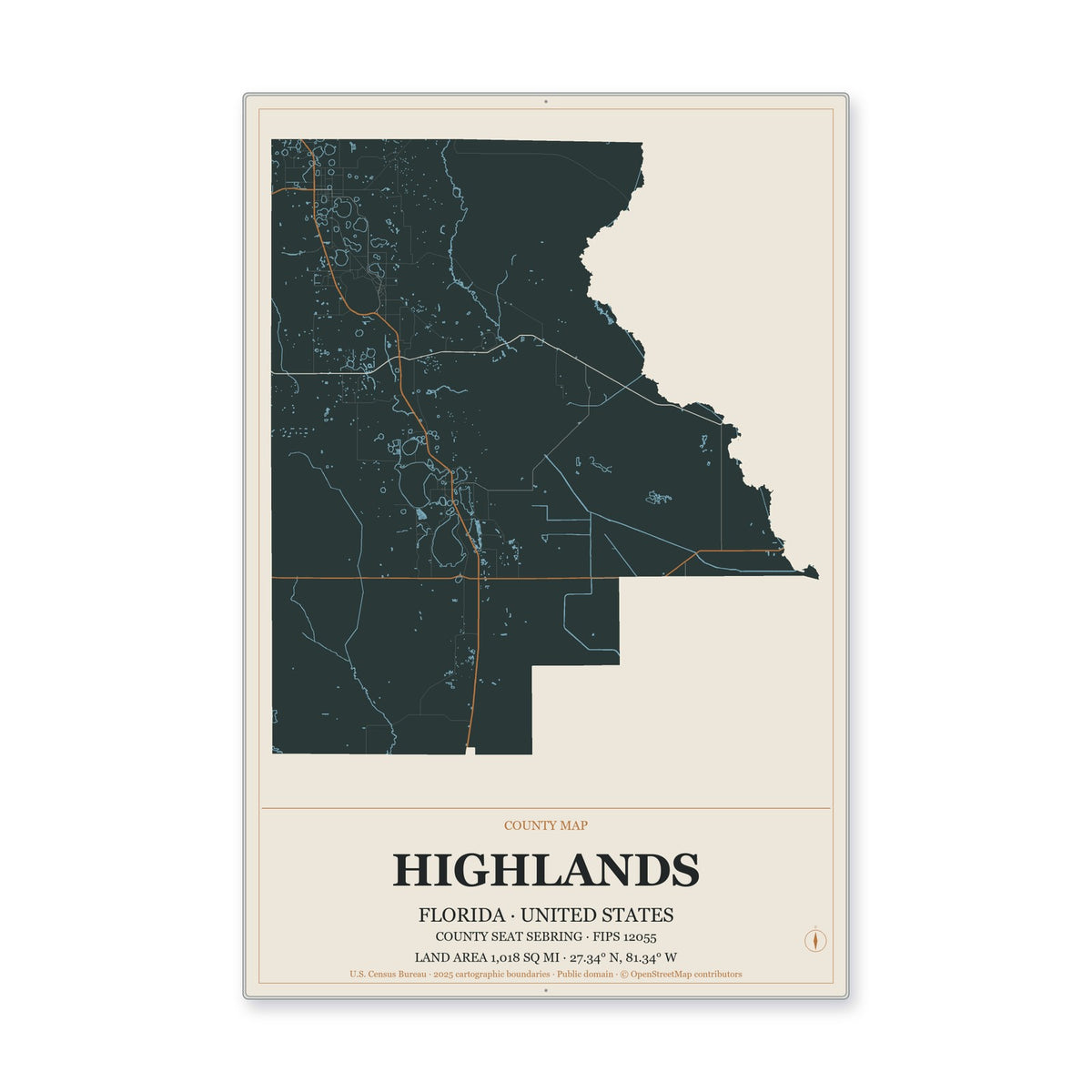 Highlands County, Florida Map Aluminum Sign in Headline Atlas style