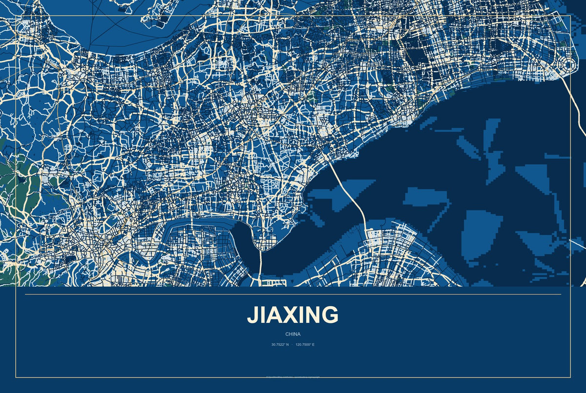 Jiaxing, China City Map Aluminum Sign in Harbor Cobalt style