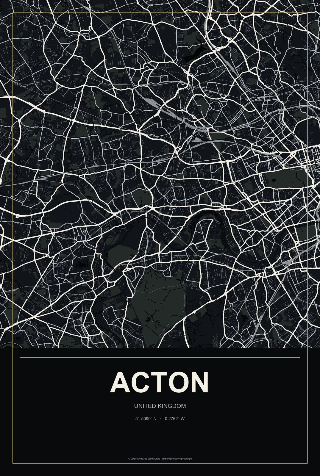 Acton, United Kingdom City Map Aluminum Sign in Metropolitan Noir style