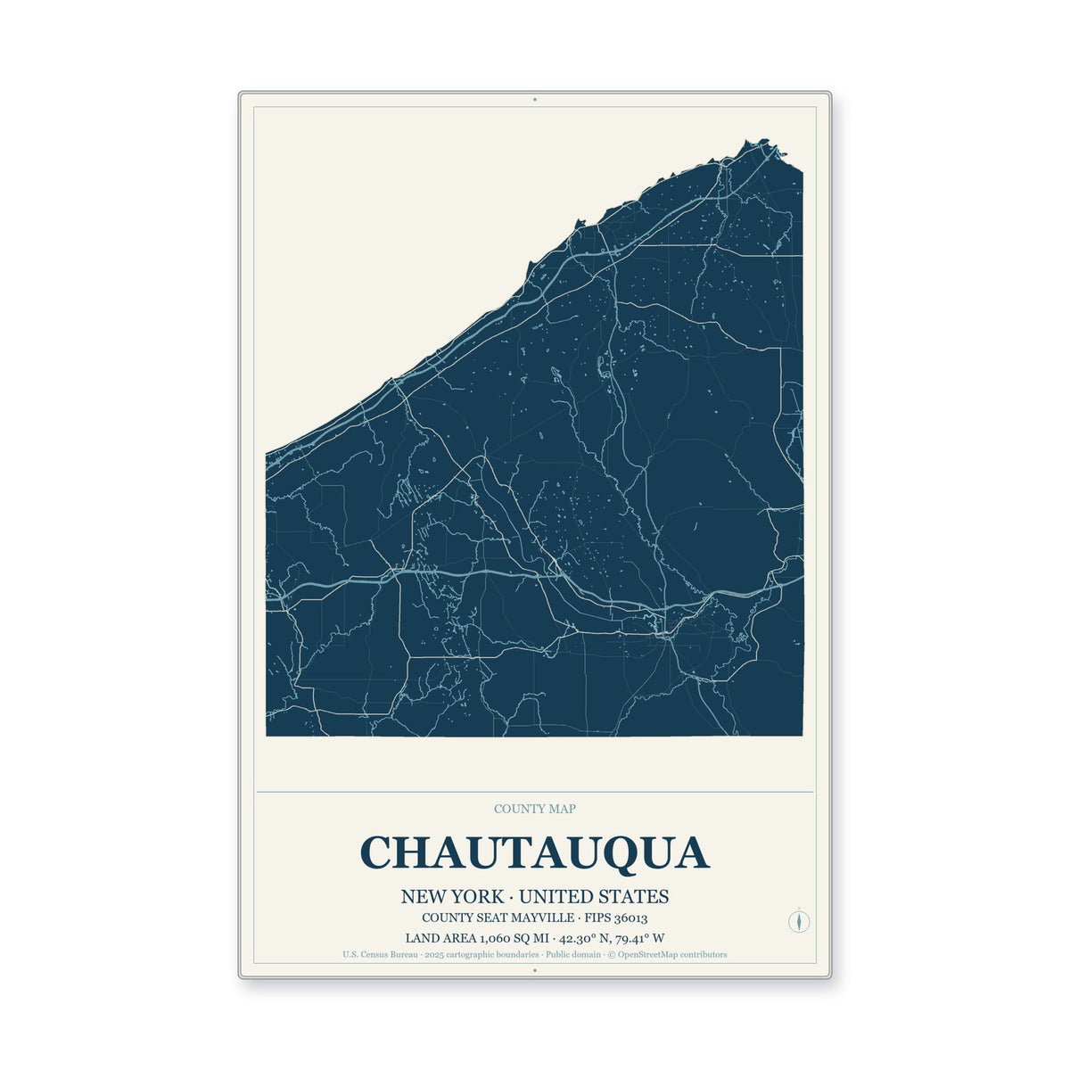 Chautauqua County, New York Map Aluminum Sign in Coastal Cutout style