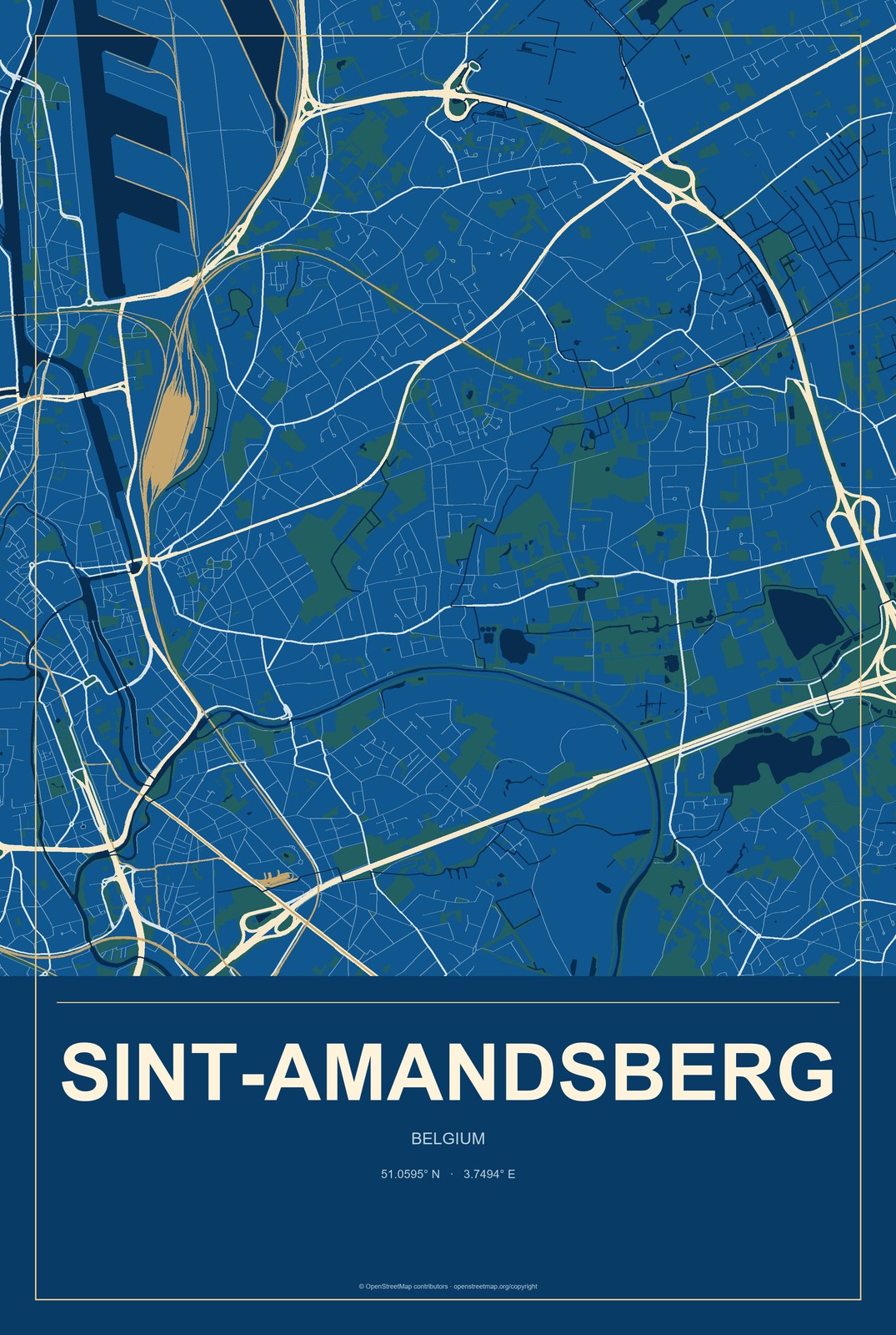 Sint-Amandsberg, Belgium City Map Aluminum Sign in Harbor Cobalt style