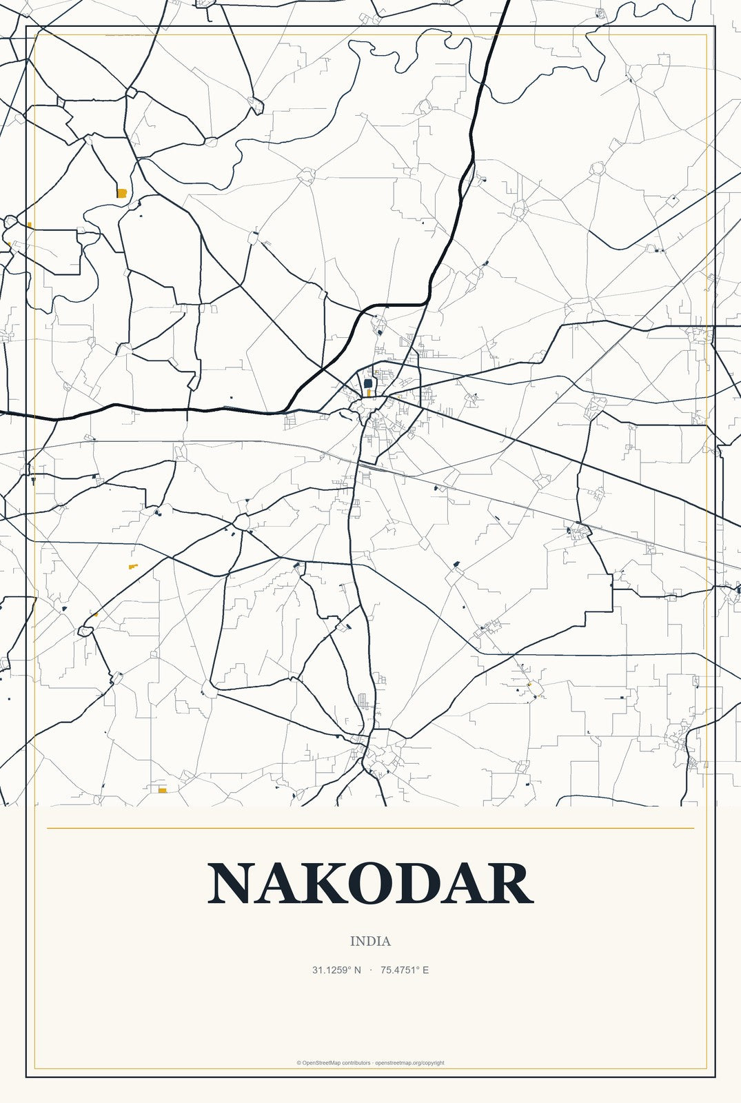 Nakodar, India City Map Aluminum Sign in Citrine Modern style