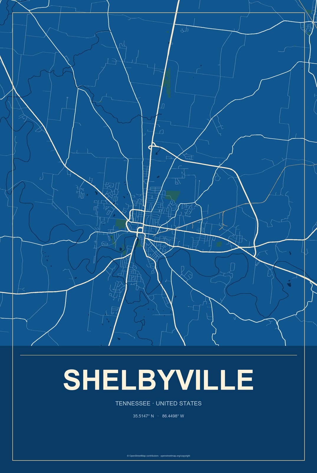 Shelbyville, Tennessee City Map Aluminum Sign in Harbor Cobalt style