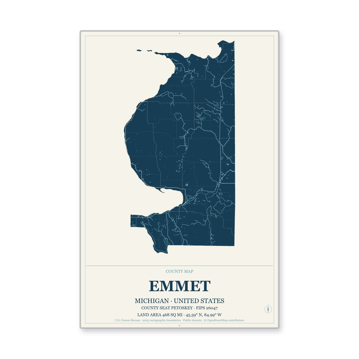 Emmet County, Michigan Map Aluminum Sign in Coastal Cutout style