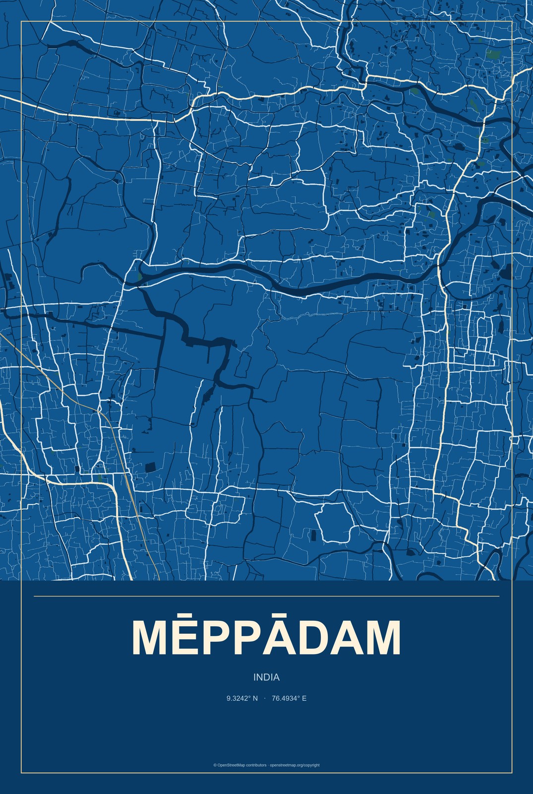 Mēppādam, India City Map Aluminum Sign in Harbor Cobalt style
