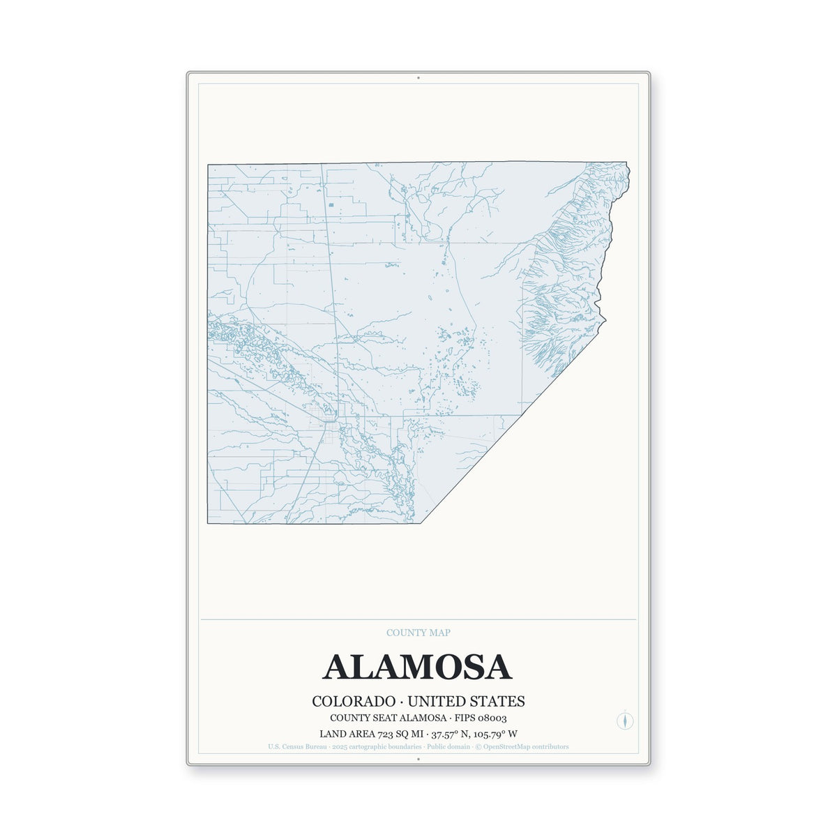 Alamosa County, Colorado Map Aluminum Sign in Gallery Air style