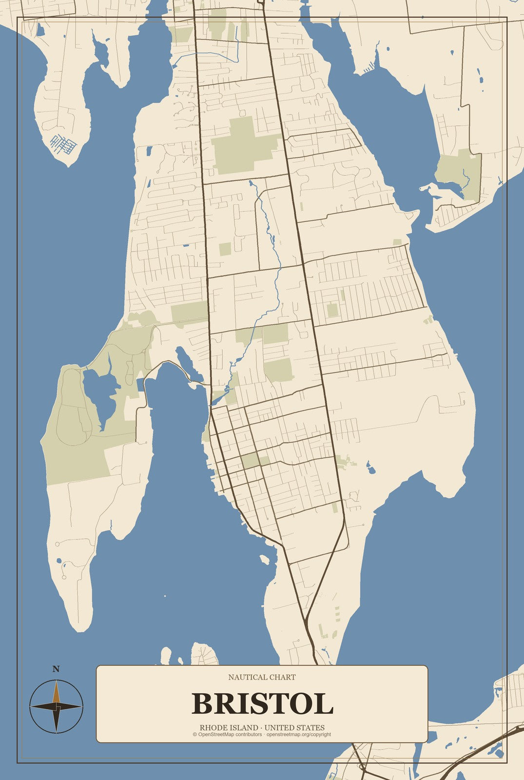 Bristol, Rhode Island City Map Aluminum Sign in Heritage Nautical style