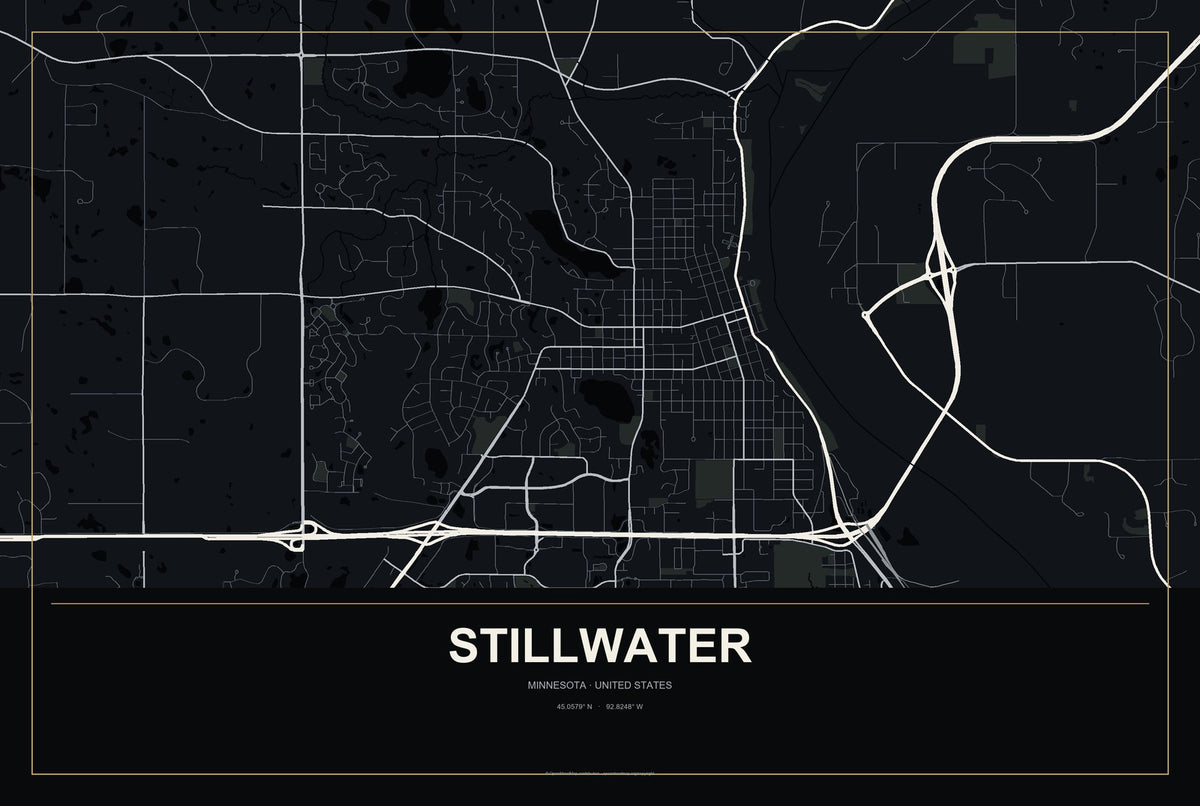 Stillwater, Minnesota City Map Aluminum Sign in Metropolitan Noir style