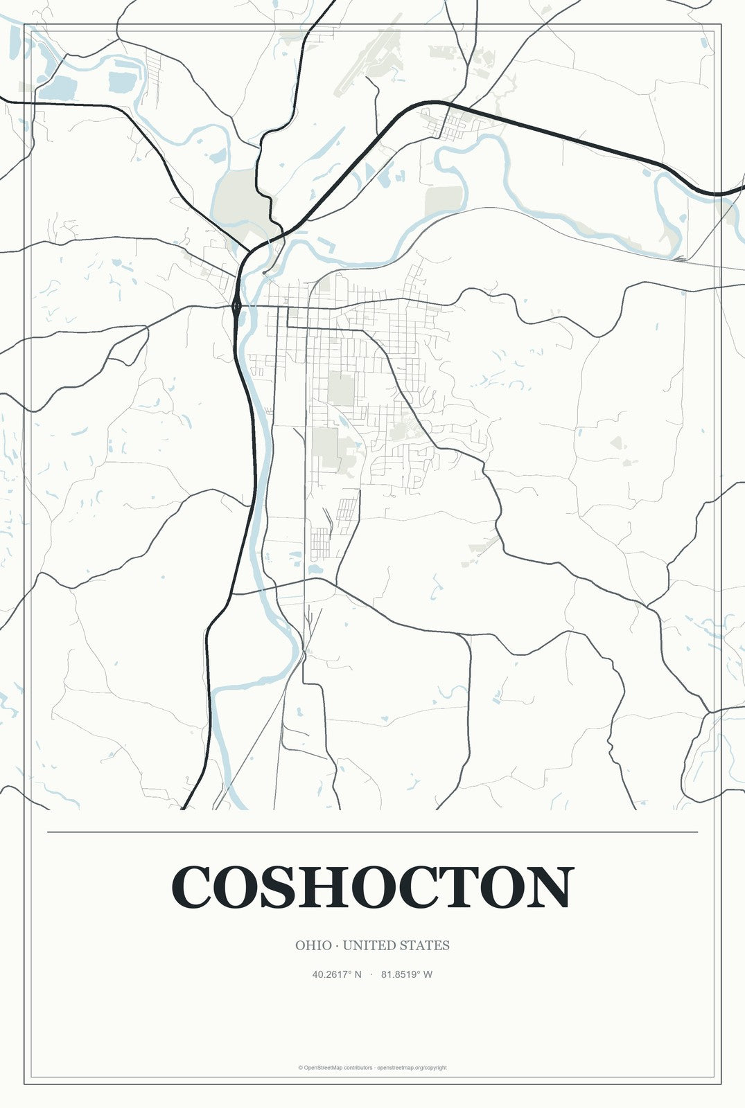 Coshocton, Ohio City Map Aluminum Sign in Gallery Air style