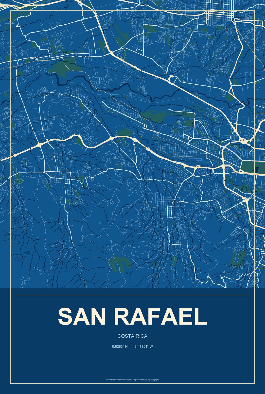 San Rafael, Costa Rica City Map Aluminum Sign in Harbor Cobalt style