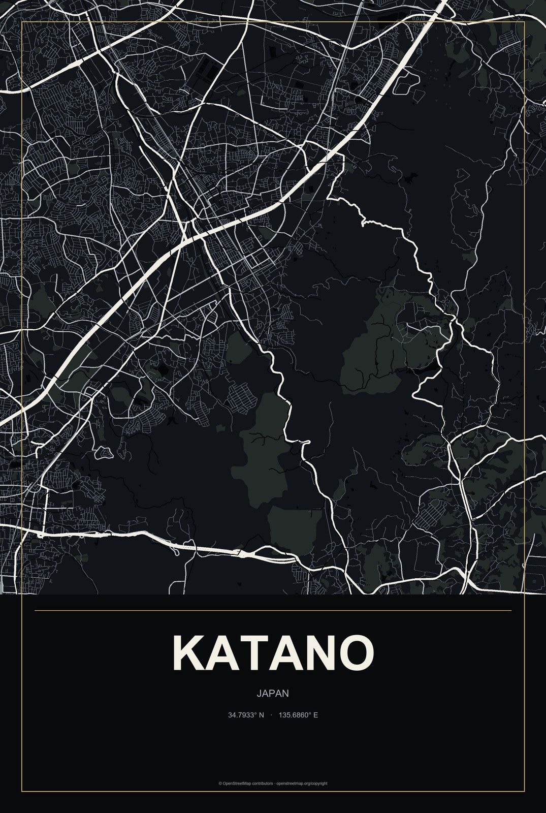 Katano, Japan City Map Aluminum Sign in Metropolitan Noir style