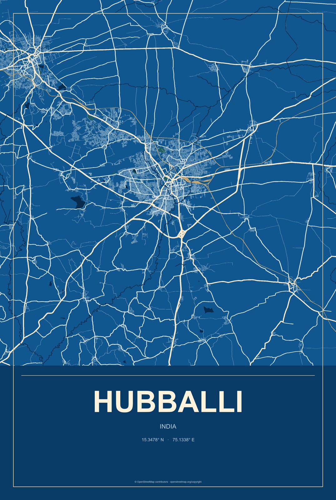 Hubballi, India City Map Aluminum Sign in Harbor Cobalt style
