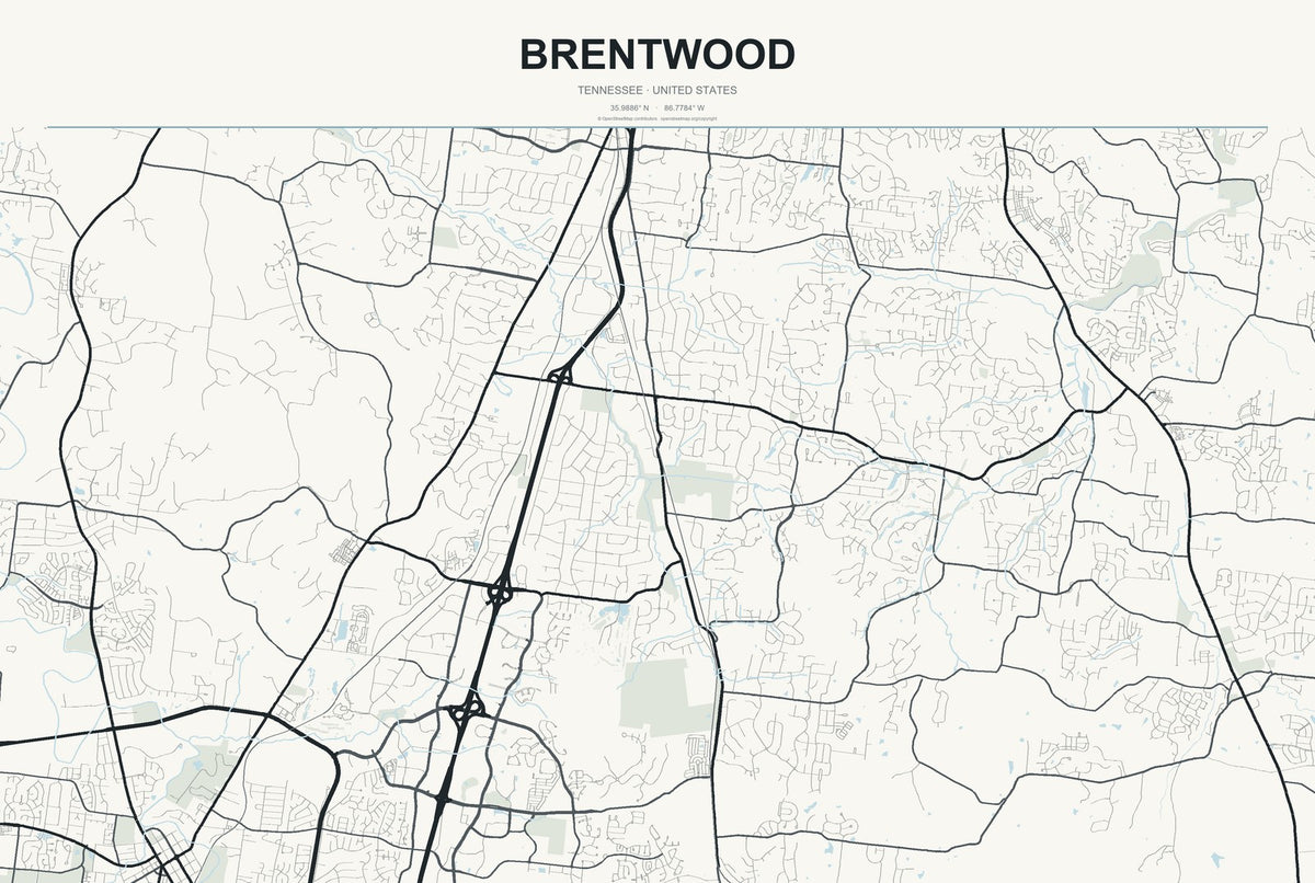 Brentwood, Tennessee City Map Aluminum Sign in Headline Atlas style