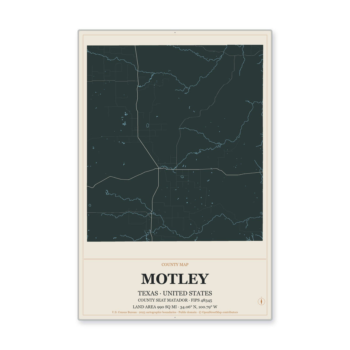 Motley County, Texas Map Aluminum Sign in Headline Atlas style