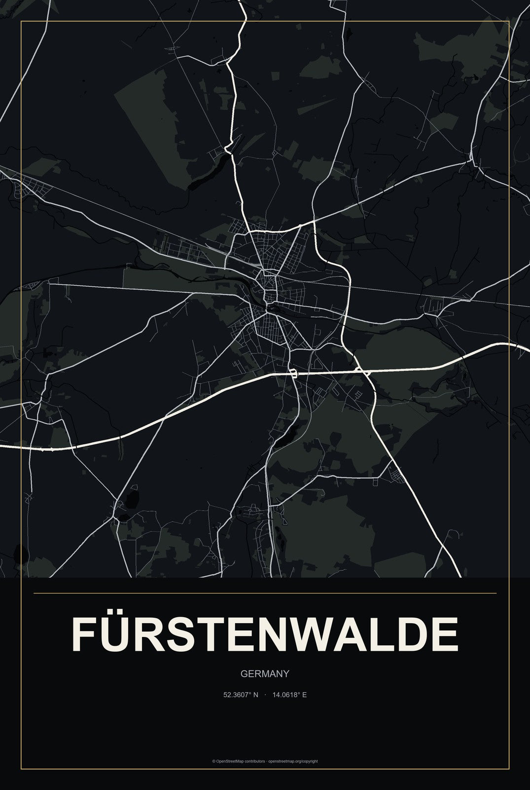 Fürstenwalde, Germany City Map Aluminum Sign in Metropolitan Noir style