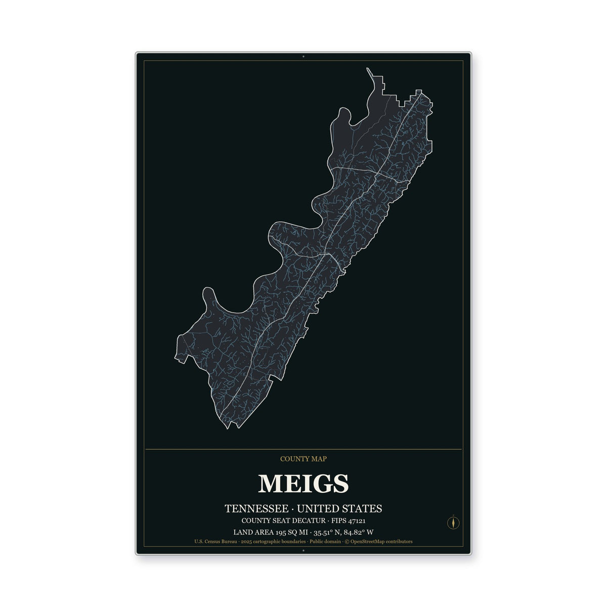 Meigs County, Tennessee Map Aluminum Sign in Metropolitan Noir style