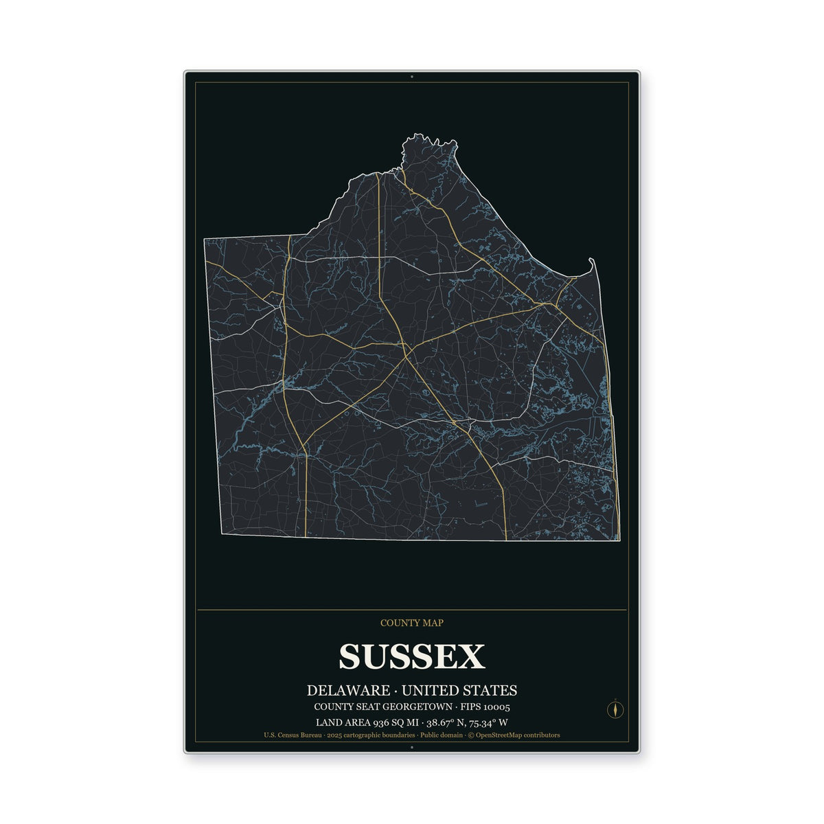 Sussex County, Delaware Map Aluminum Sign in Metropolitan Noir style