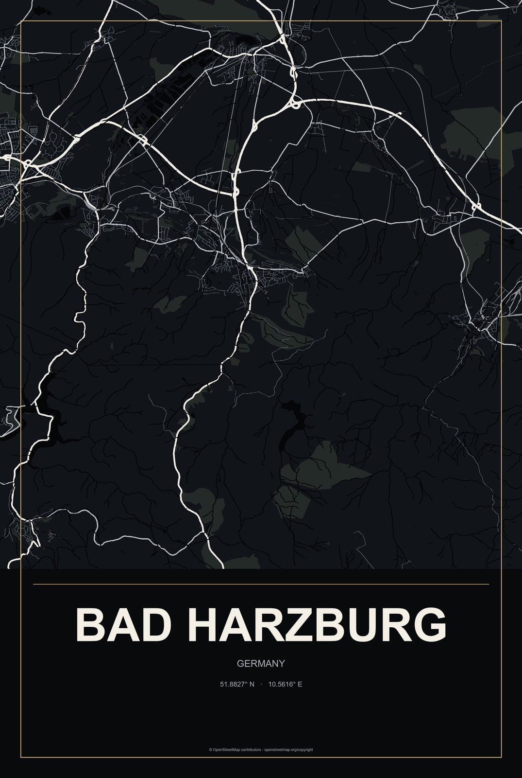Bad Harzburg, Germany City Map Aluminum Sign in Metropolitan Noir style