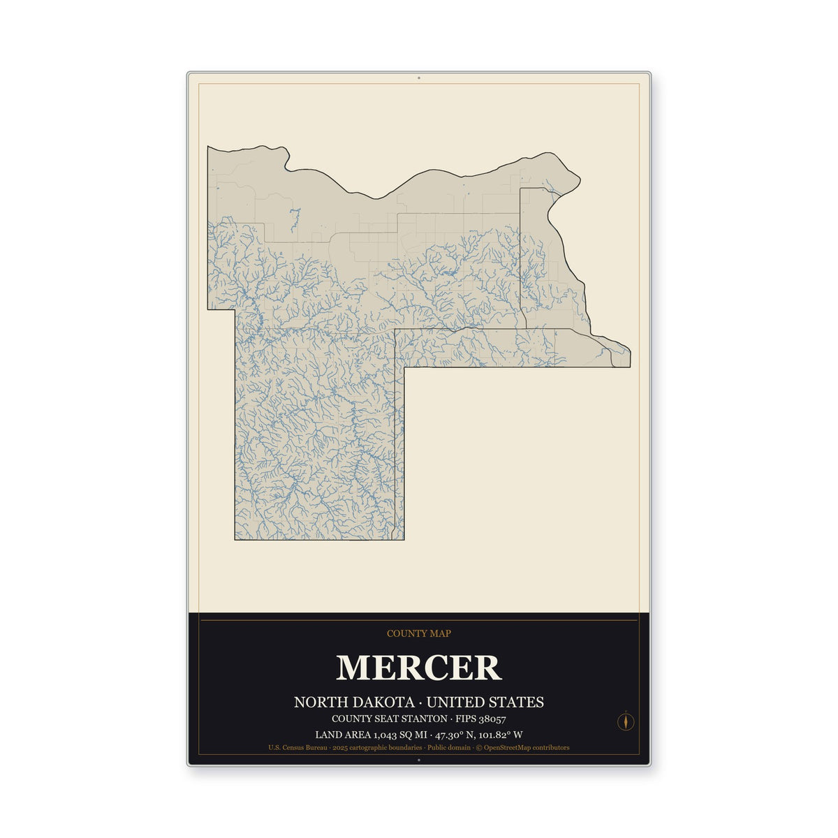 Mercer County, North Dakota Map Aluminum Sign in Museum Plaque style