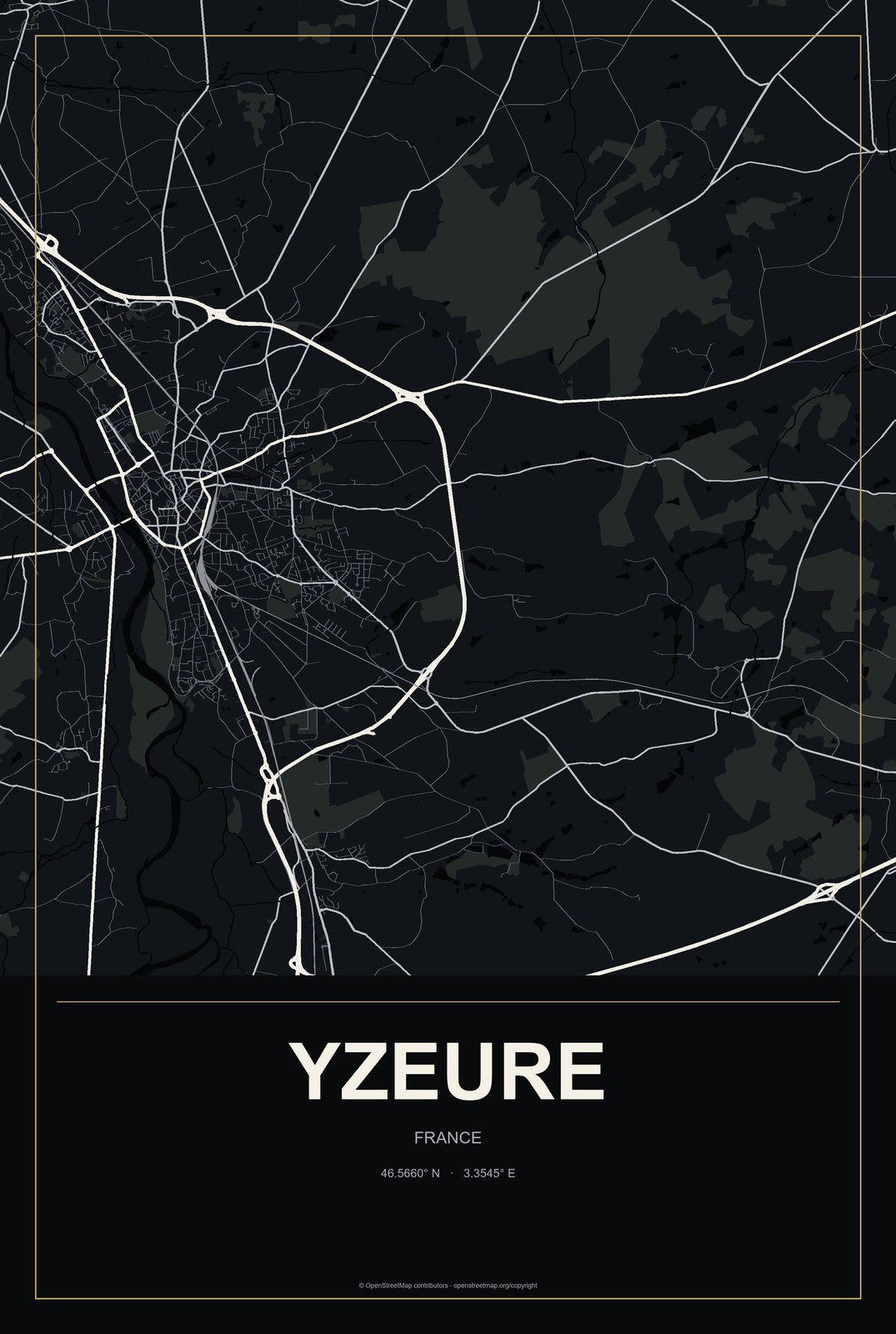 Yzeure, France City Map Aluminum Sign in Metropolitan Noir style