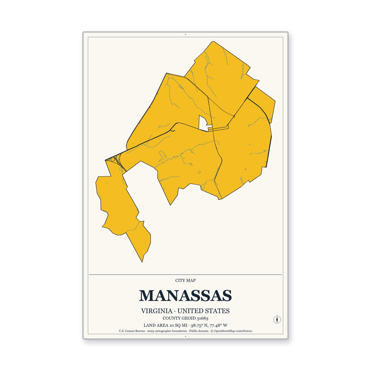 Manassas city, Virginia Map Aluminum Sign in Citrine Modern style