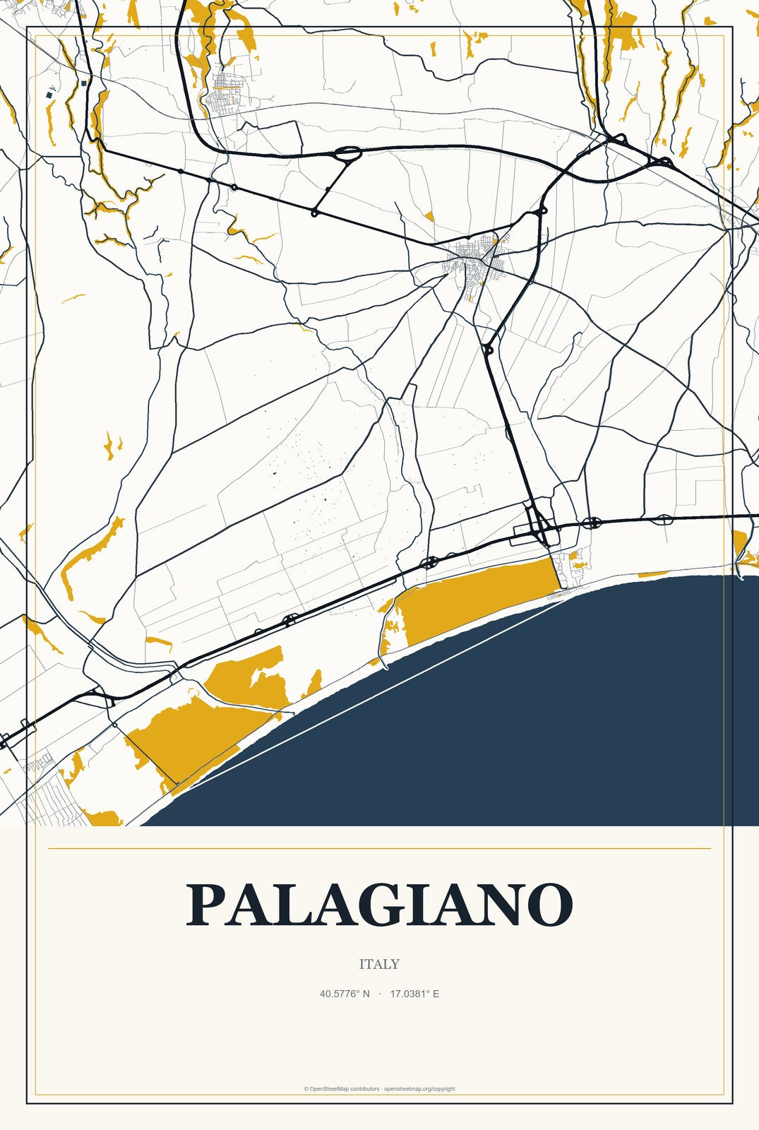 Palagiano, Italy City Map Aluminum Sign in Citrine Modern style