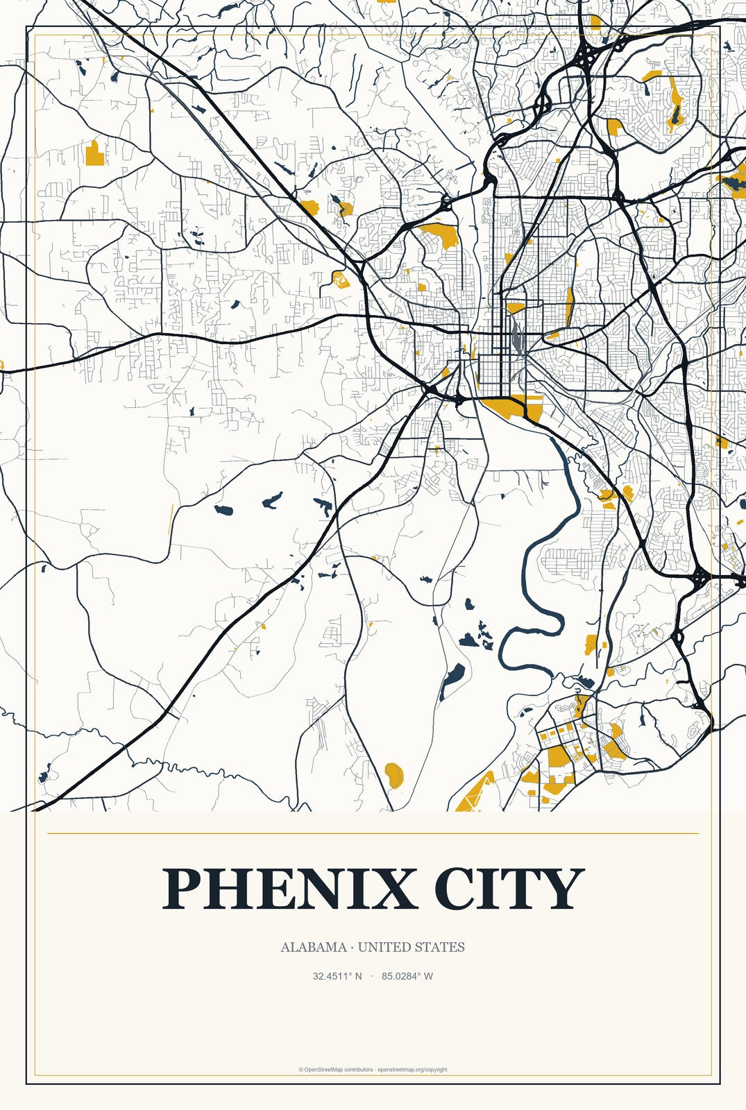 Phenix City, Alabama City Map Aluminum Sign in Citrine Modern style