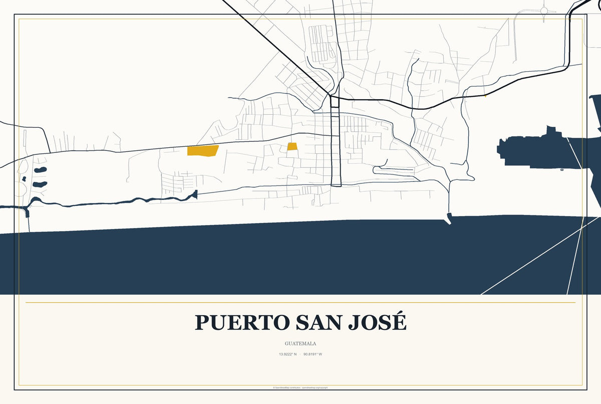 Puerto San José, Guatemala City Map Aluminum Sign in Citrine Modern style