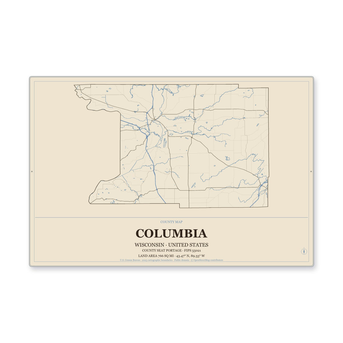 Columbia County, Wisconsin Map Aluminum Sign in Heritage Nautical style