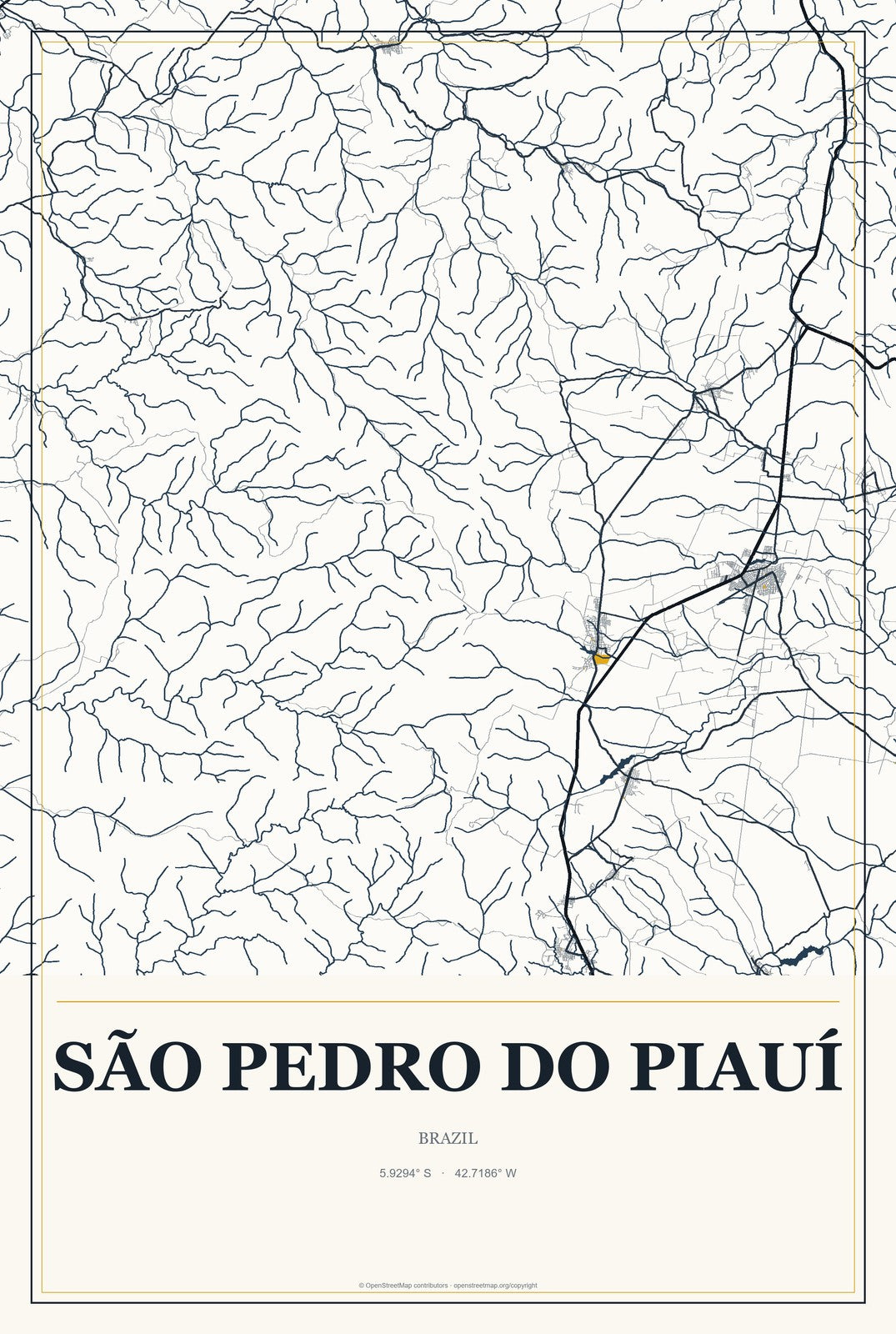 São Pedro do Piauí, Brazil City Map Aluminum Sign in Citrine Modern style
