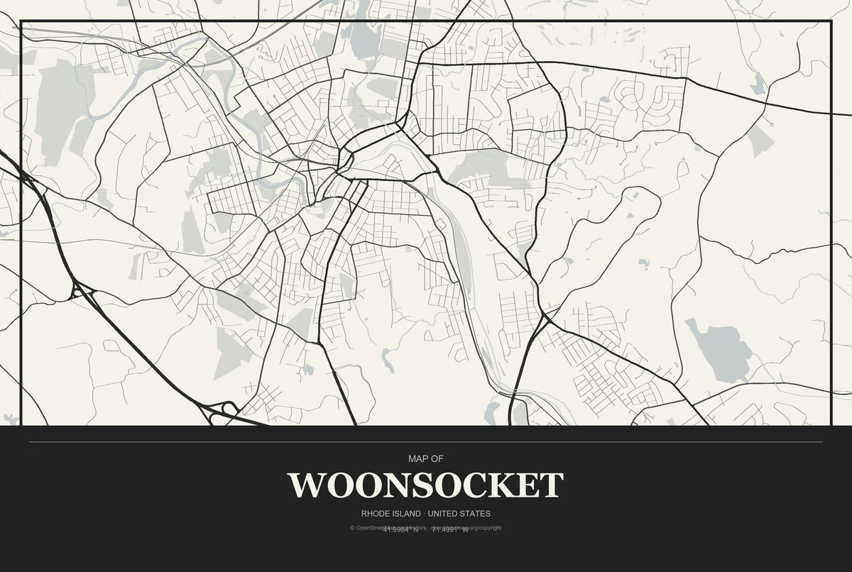 Woonsocket, Rhode Island City Map Aluminum Sign in Museum Plaque style