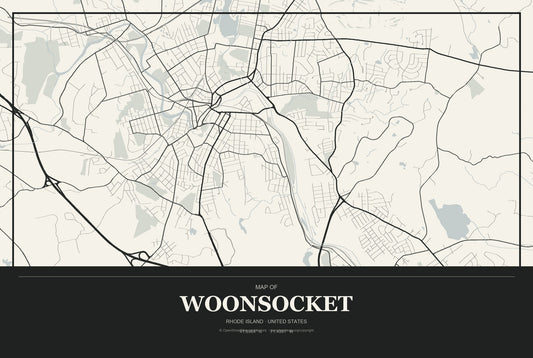 Woonsocket, Rhode Island City Map Aluminum Sign in Museum Plaque style