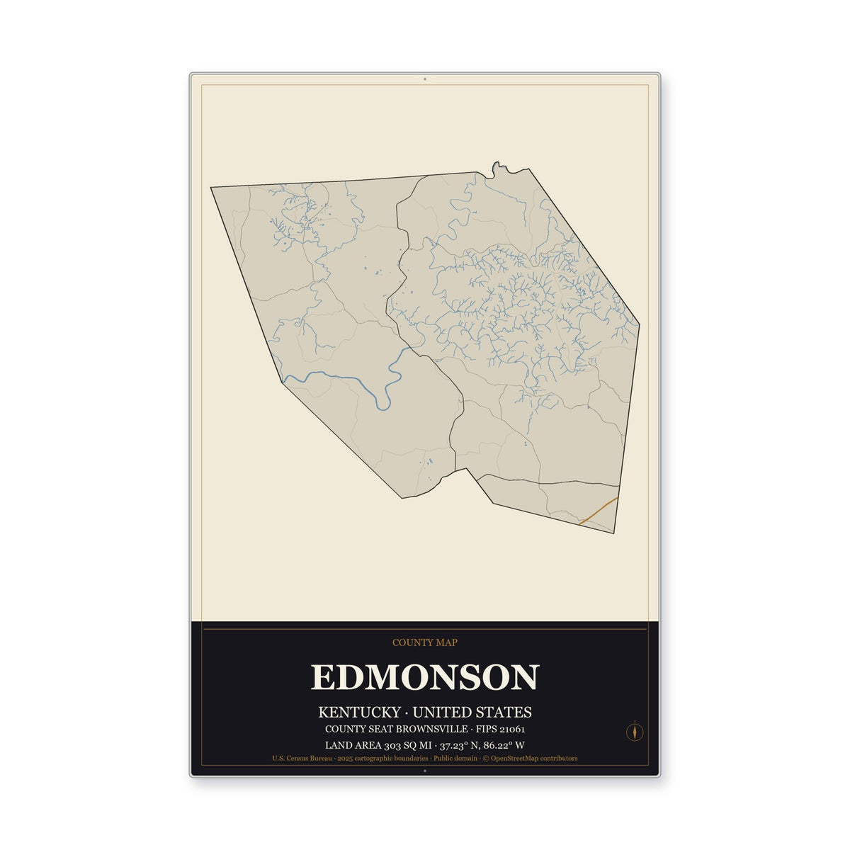 Edmonson County, Kentucky Map Aluminum Sign in Museum Plaque style