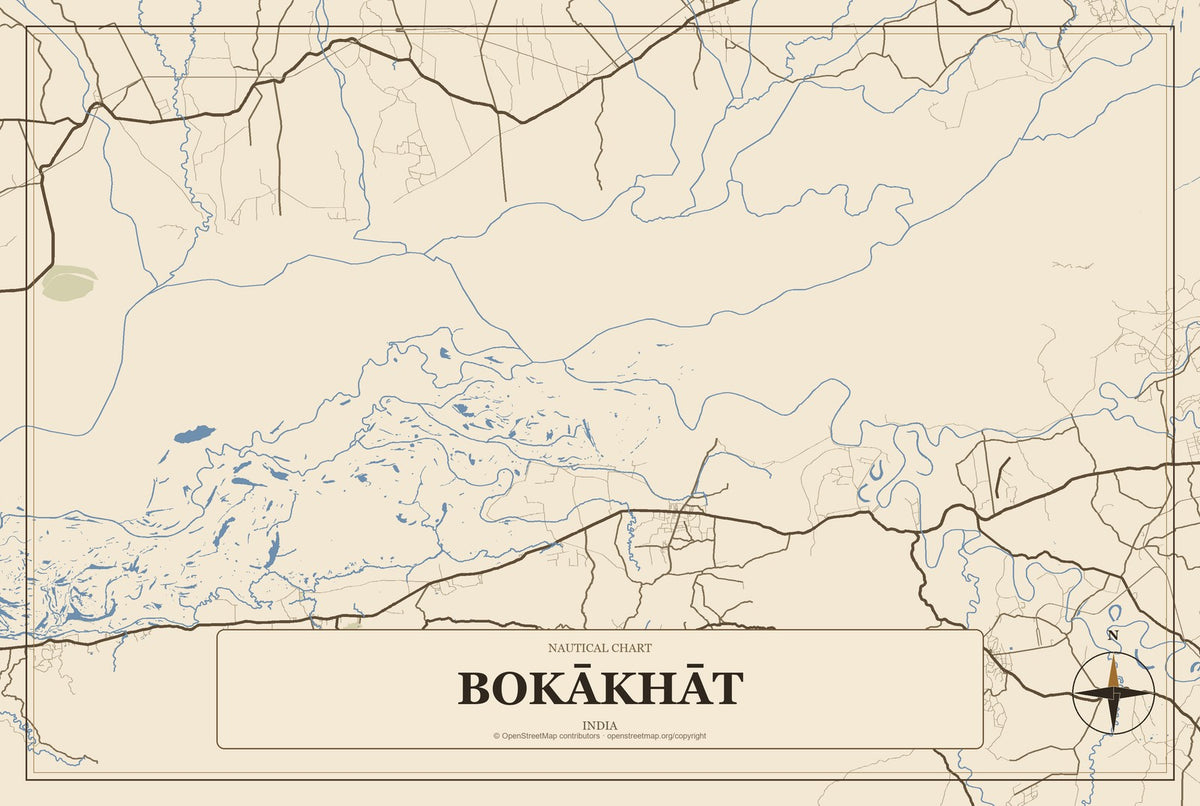 Bokākhāt, India City Map Aluminum Sign in Heritage Nautical style