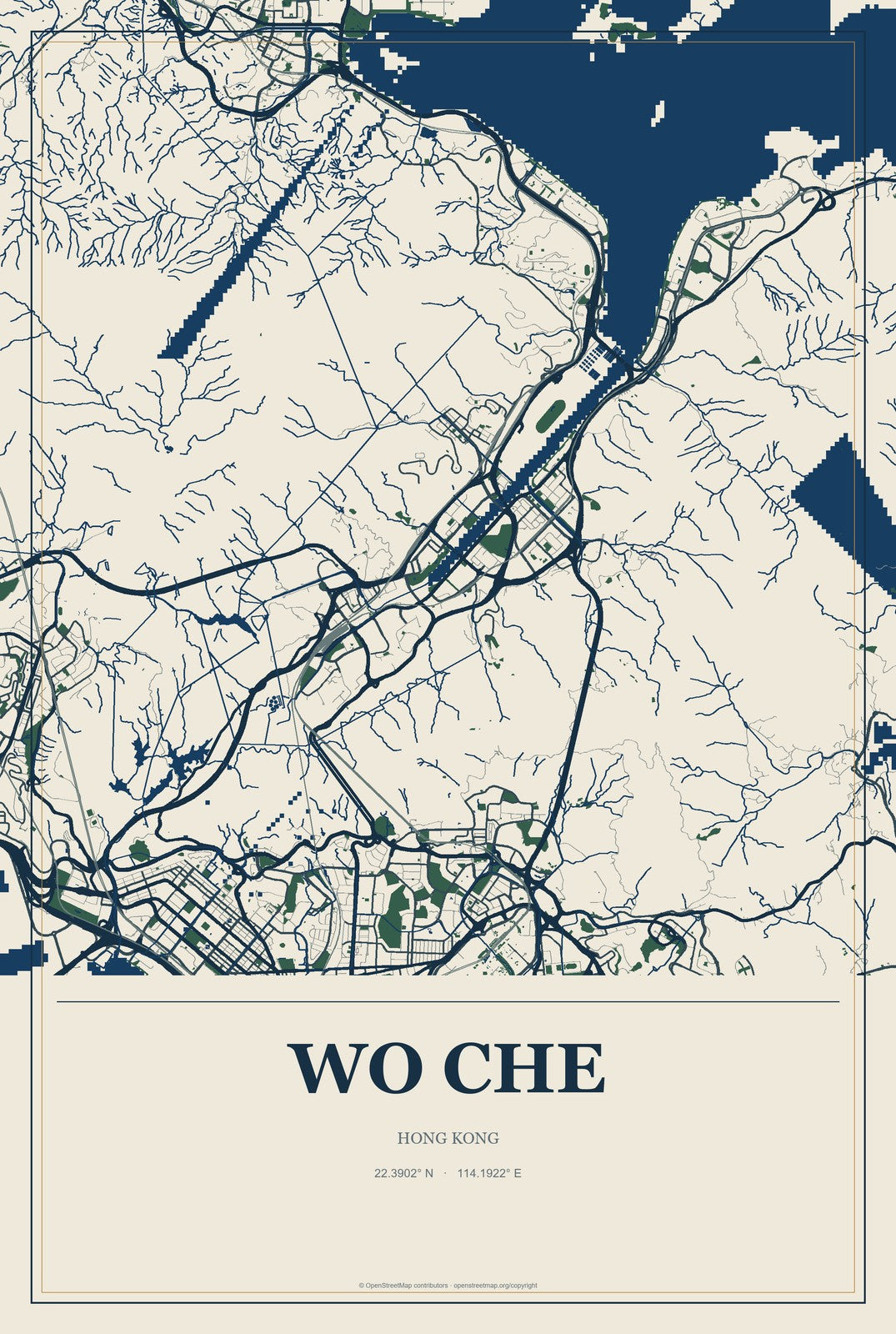 Wo Che, Hong Kong City Map Aluminum Sign in Coastal Cutout style