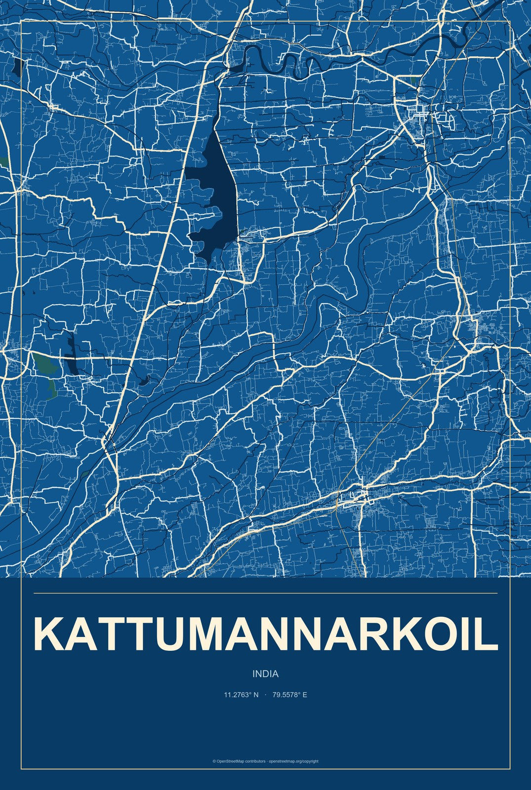 Kattumannarkoil, India City Map Aluminum Sign in Harbor Cobalt style