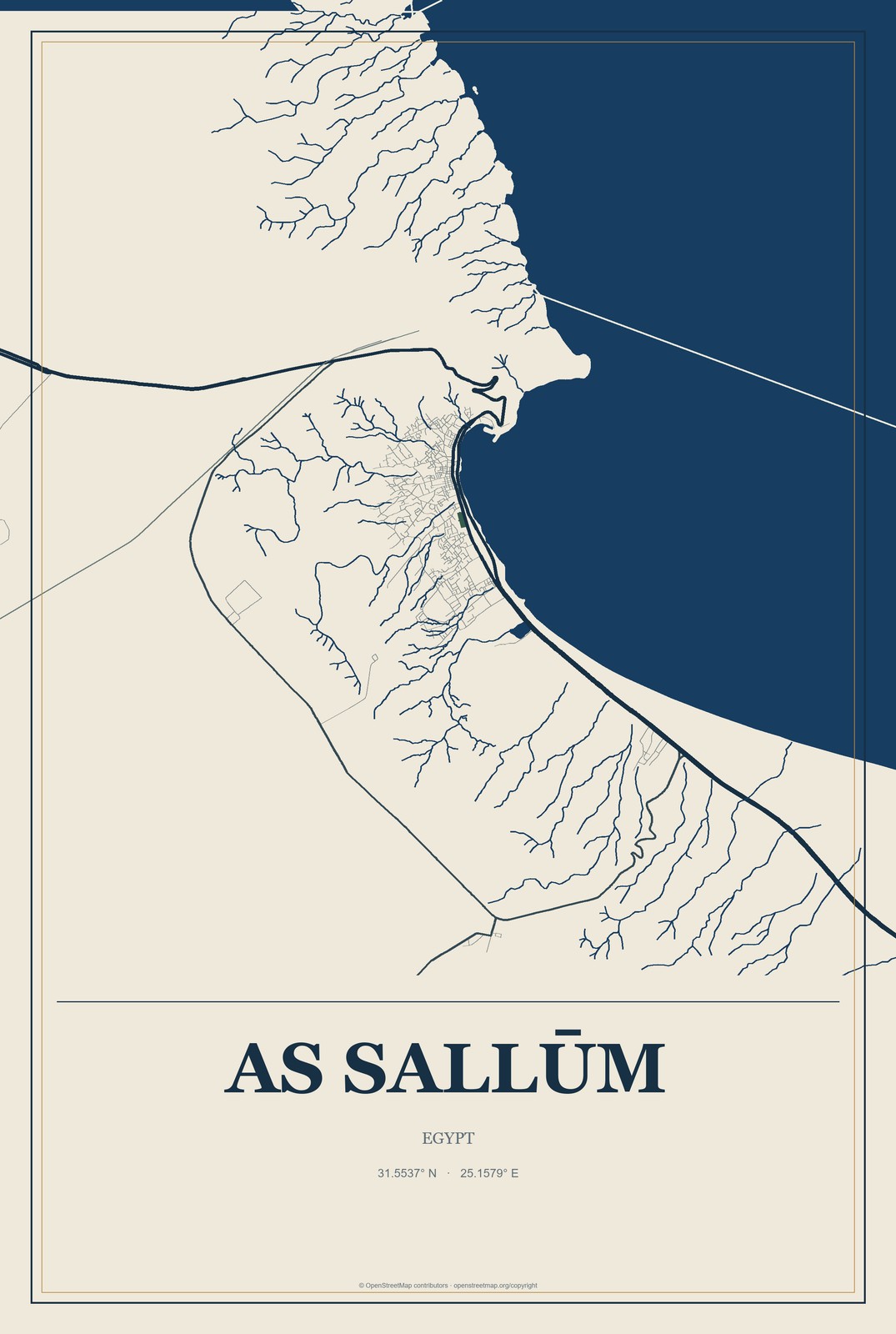 As Sallūm, Egypt City Map Aluminum Sign in Coastal Cutout style