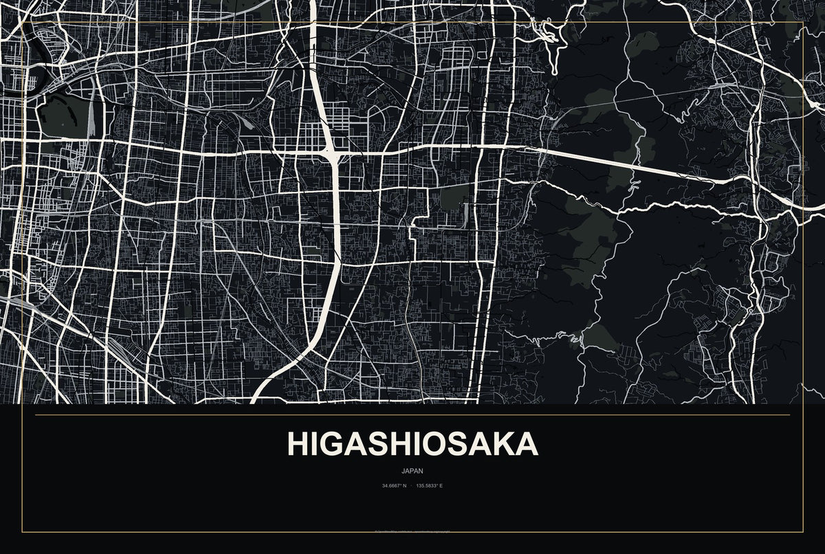 Higashiosaka, Japan City Map Aluminum Sign in Metropolitan Noir style