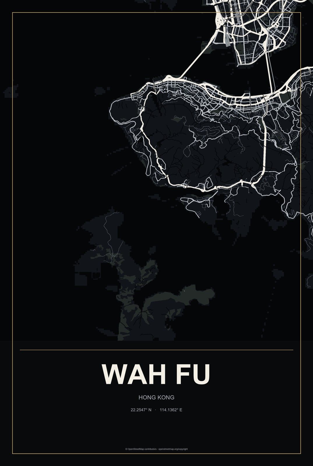 Wah Fu, Hong Kong City Map Aluminum Sign in Metropolitan Noir style