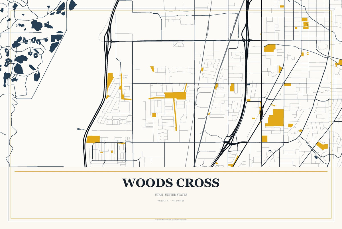 Woods Cross, Utah City Map Aluminum Sign in Citrine Modern style