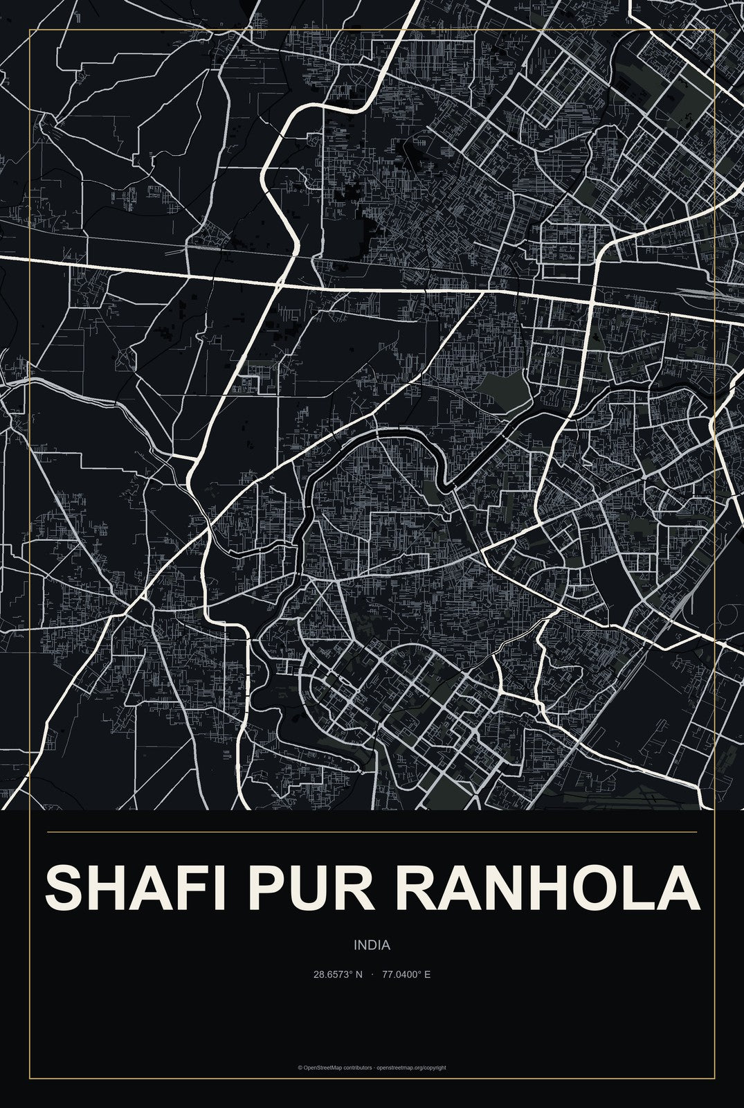 Shafi Pur Ranhola, India City Map Aluminum Sign in Metropolitan Noir style