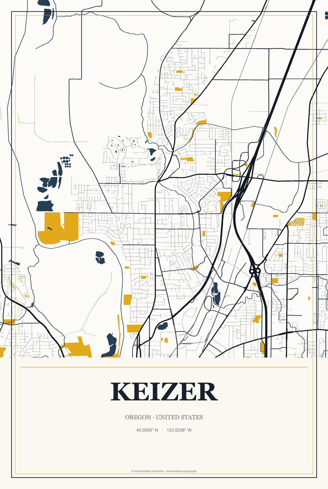 Keizer, Oregon City Map Aluminum Sign in Citrine Modern style