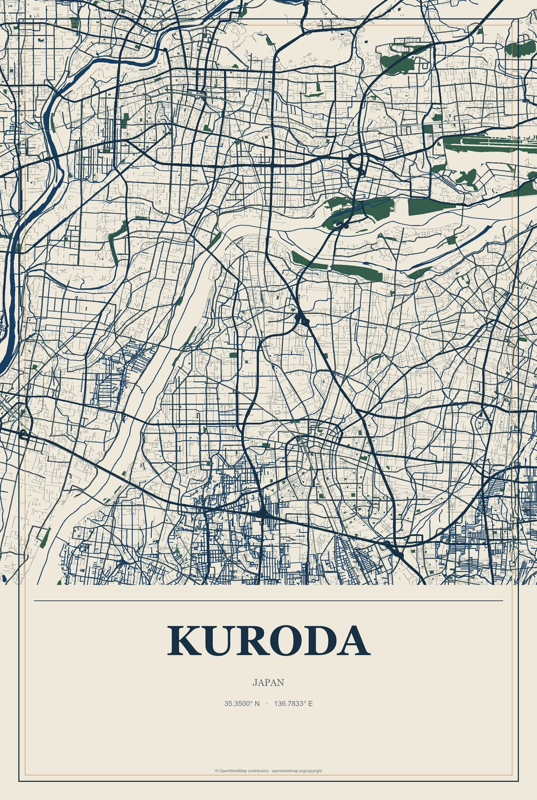 Kuroda, Japan City Map Aluminum Sign in Coastal Cutout style