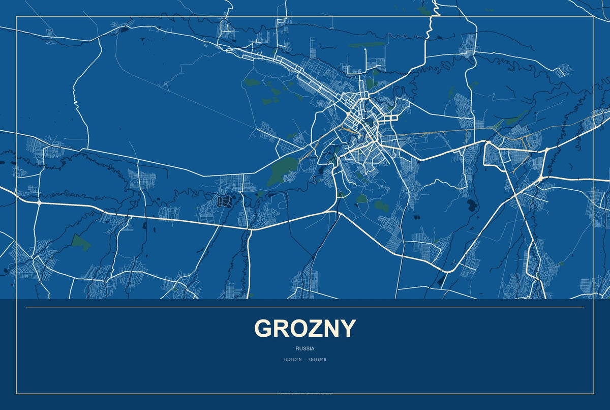 Grozny, Russia City Map Aluminum Sign in Harbor Cobalt style