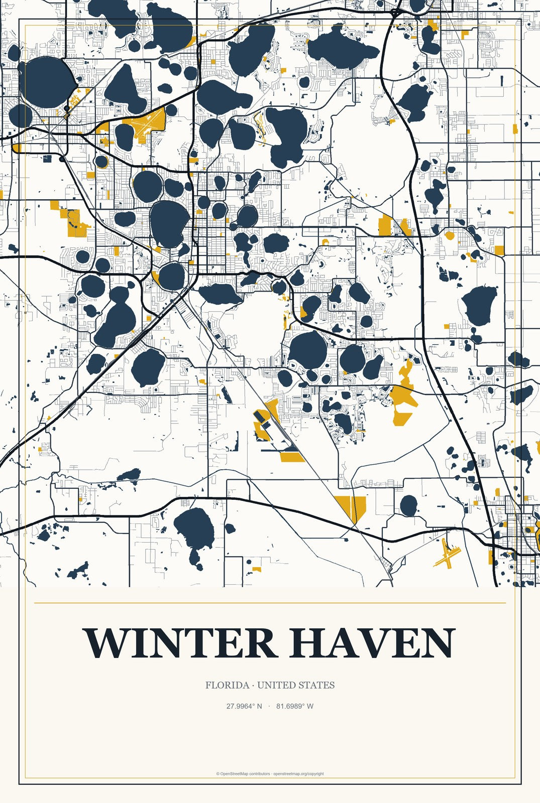 Winter Haven, Florida City Map Aluminum Sign in Citrine Modern style