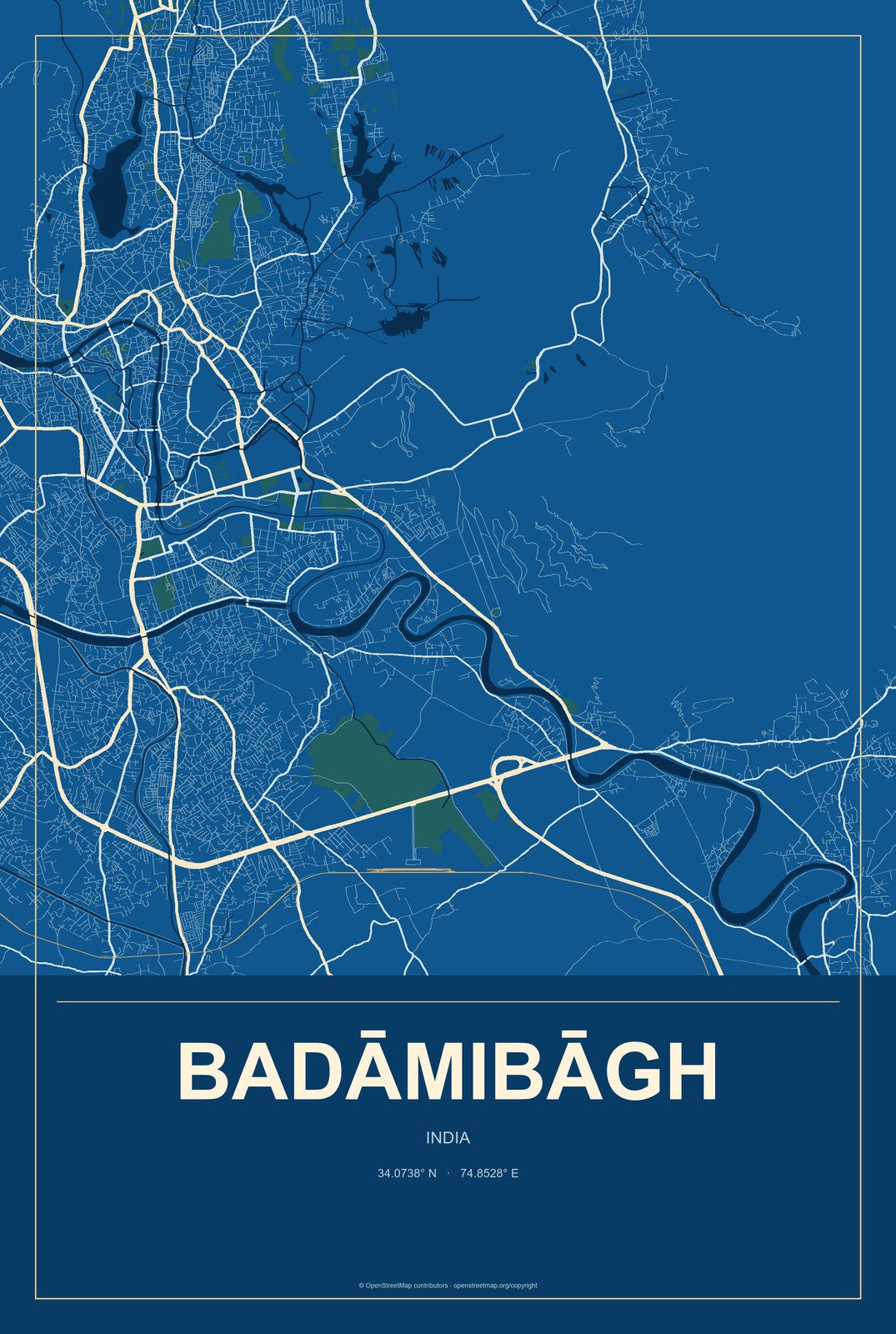 Badāmibāgh, India City Map Aluminum Sign in Harbor Cobalt style