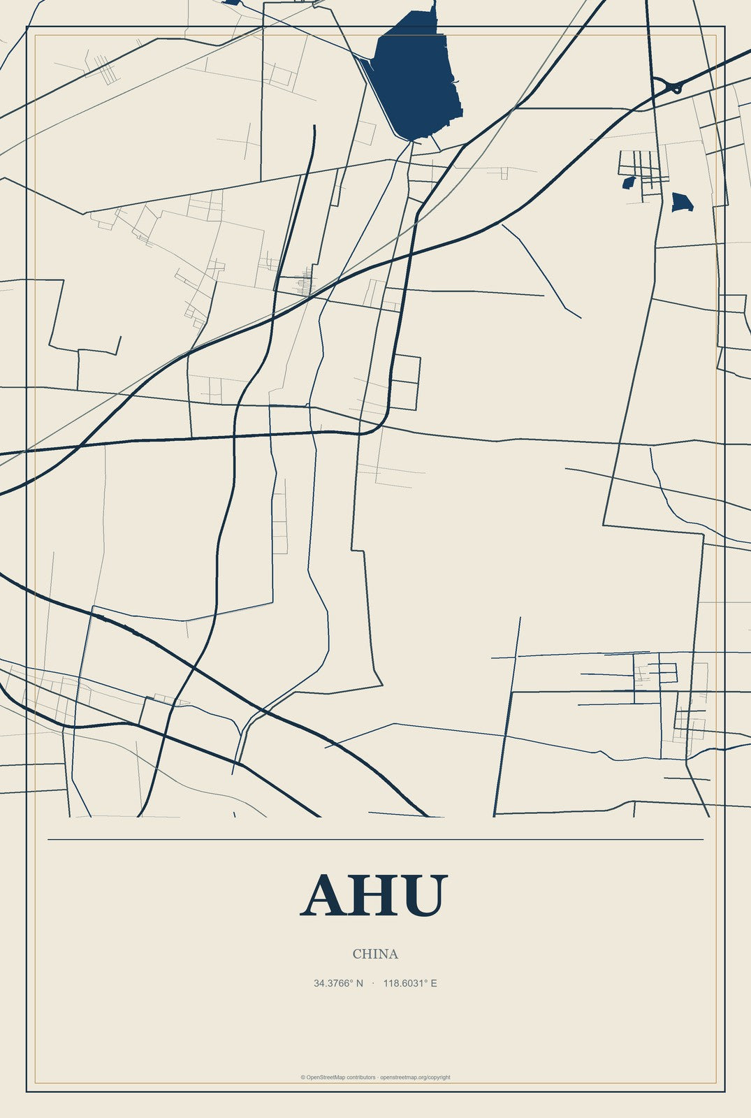 Ahu, China City Map Aluminum Sign in Coastal Cutout style