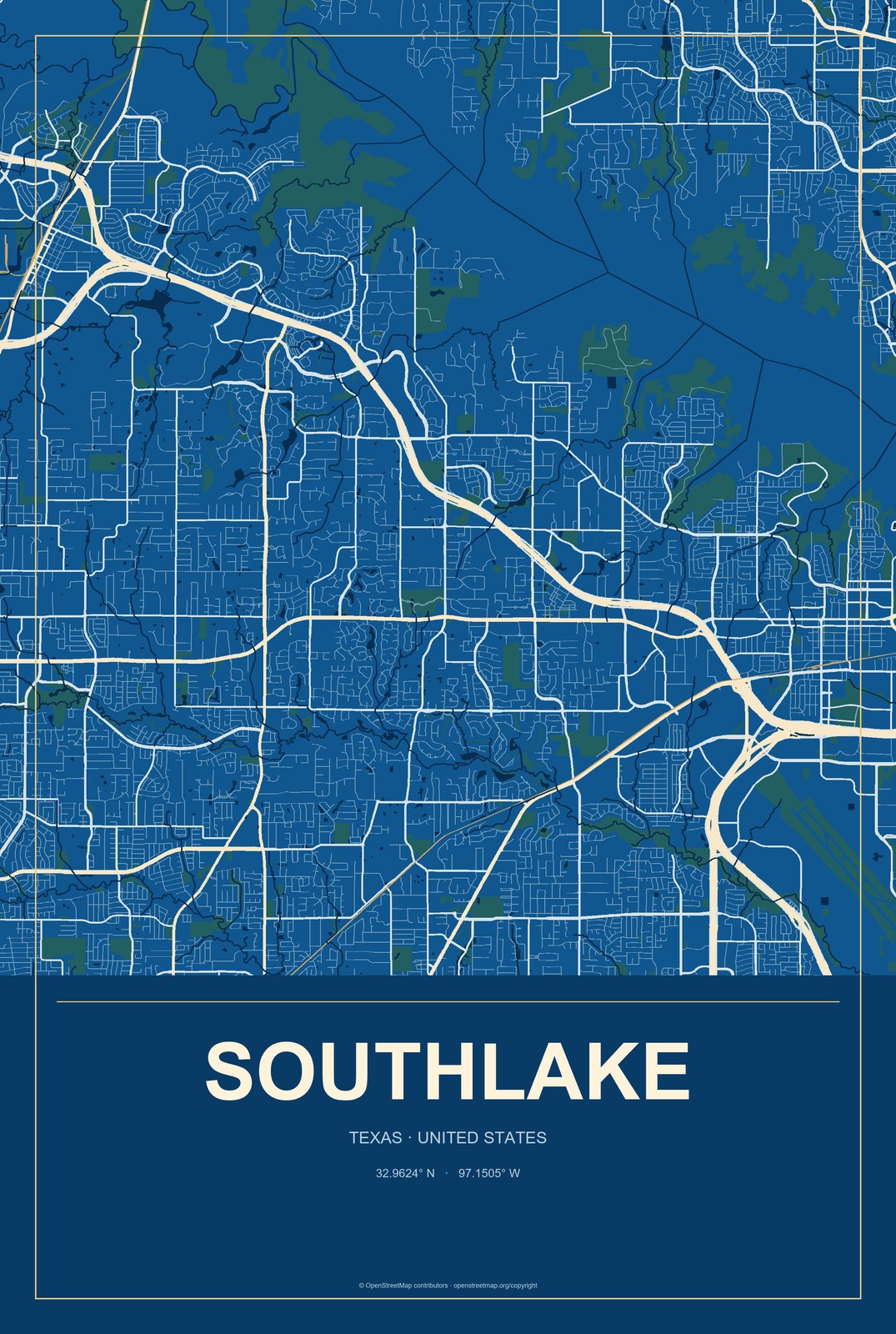 Southlake, Texas City Map Aluminum Sign in Harbor Cobalt style